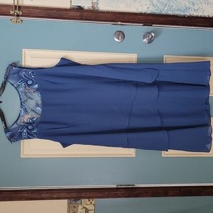 Beautiful! Le Bos slate blue layered dress with embroidered lace neckline
